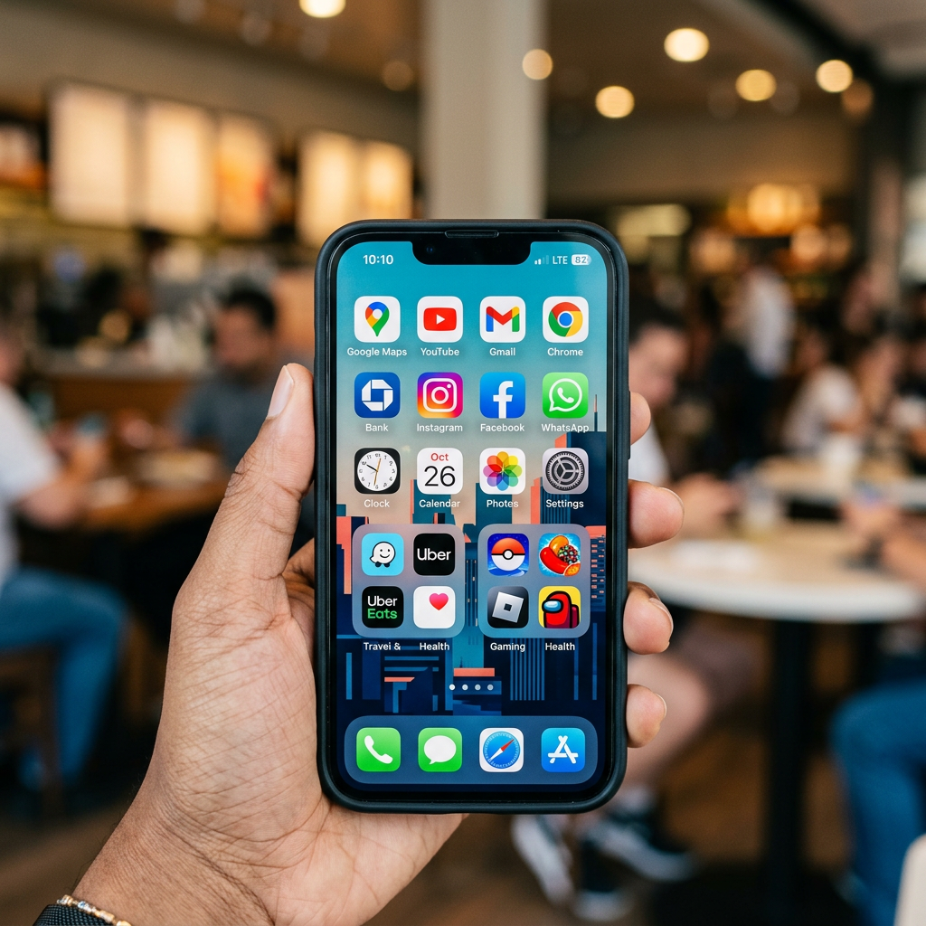 Hand holding smartphone showing 10:10, LTE, 82, Google Maps, YouTube, Gmail, Chrome, Bank, Instagram, Facebook, WhatsApp, Clock, Oct 26, Calendar, Photos, Settings, Uber Eats, Travel & Health, Gaming, and Health