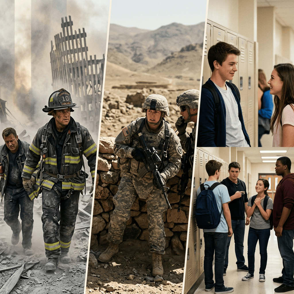 Collage of a firefighter, soldiers, and students in a school hallway