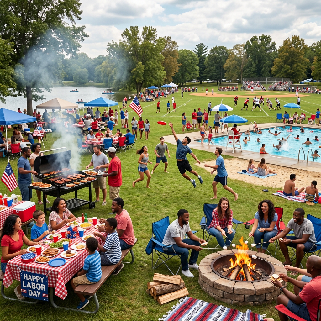 Labor Day park celebration with picnic, barbecue, pool, football, and campfire