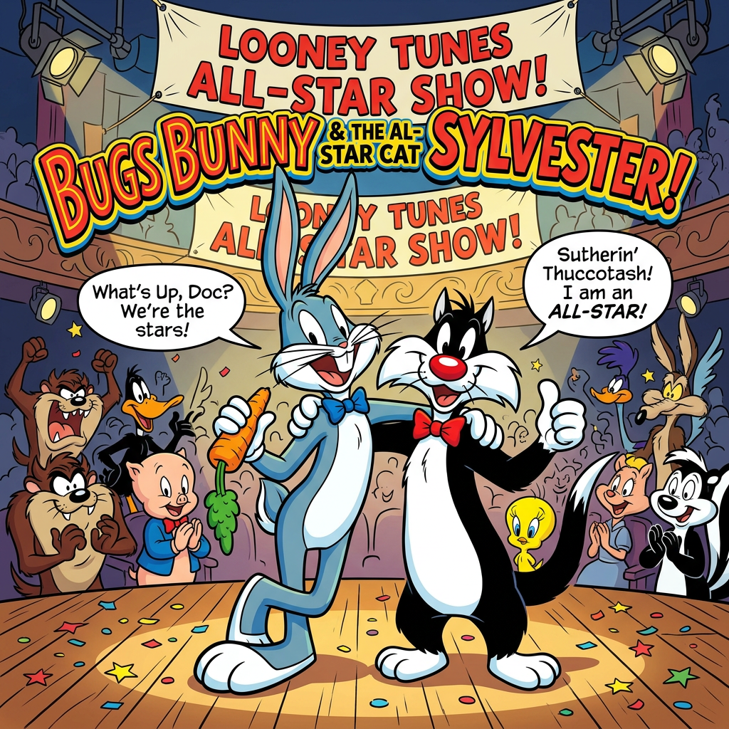 Looney Tunes All-Star Show banner featuring Bugs Bunny and Sylvester, with speech bubbles reading “What’s Up, Doc? We’re the stars!” and “Sutherin’ Thucotash! I am an ALL-STAR!”