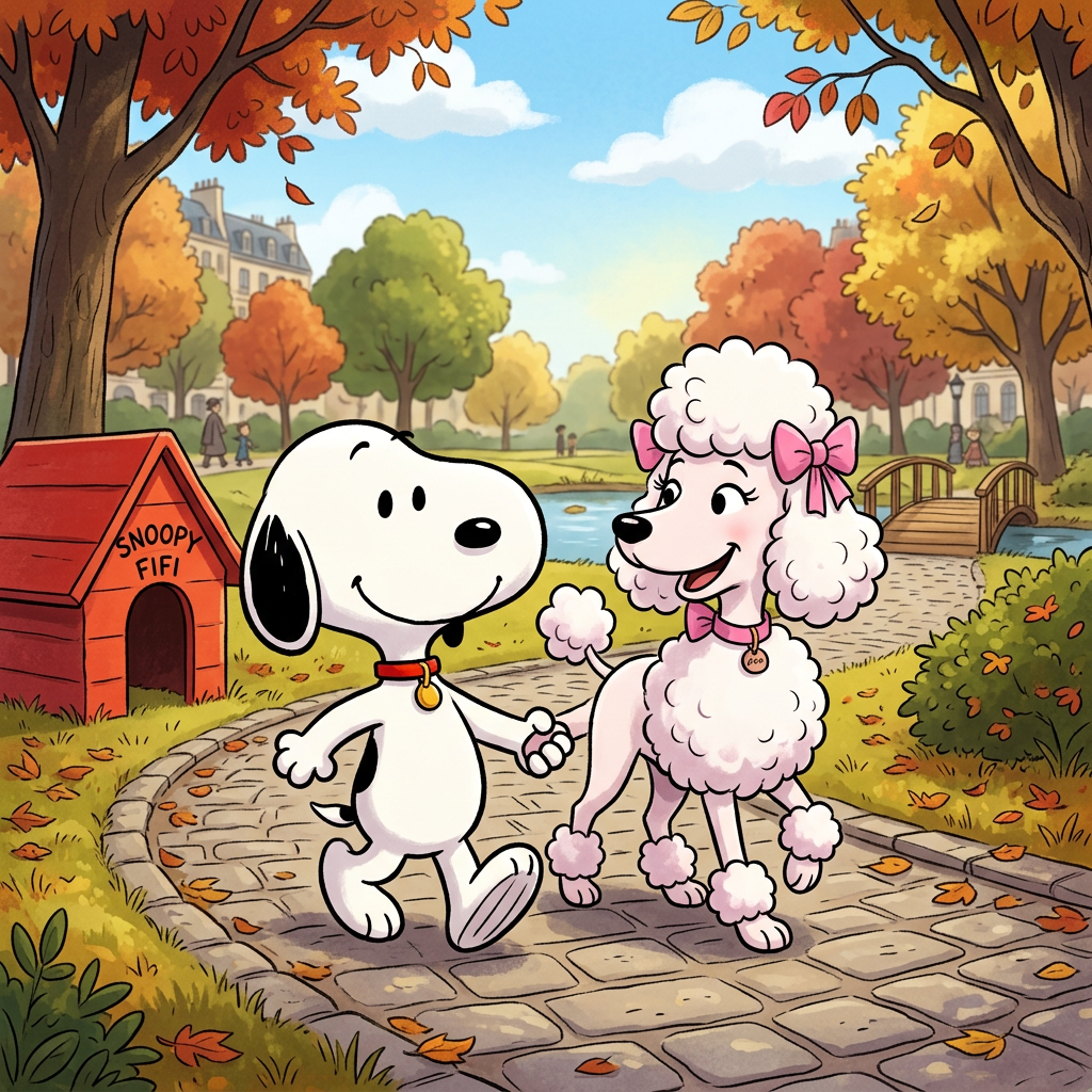 Snoopy and Fifi walking beside a doghouse labeled “SNOOPY FIFI”