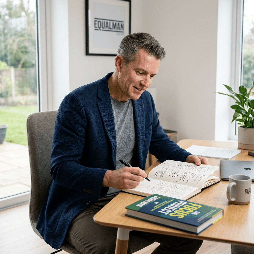 Man writing in a notebook beside productivity books and an EQUALMAN sign