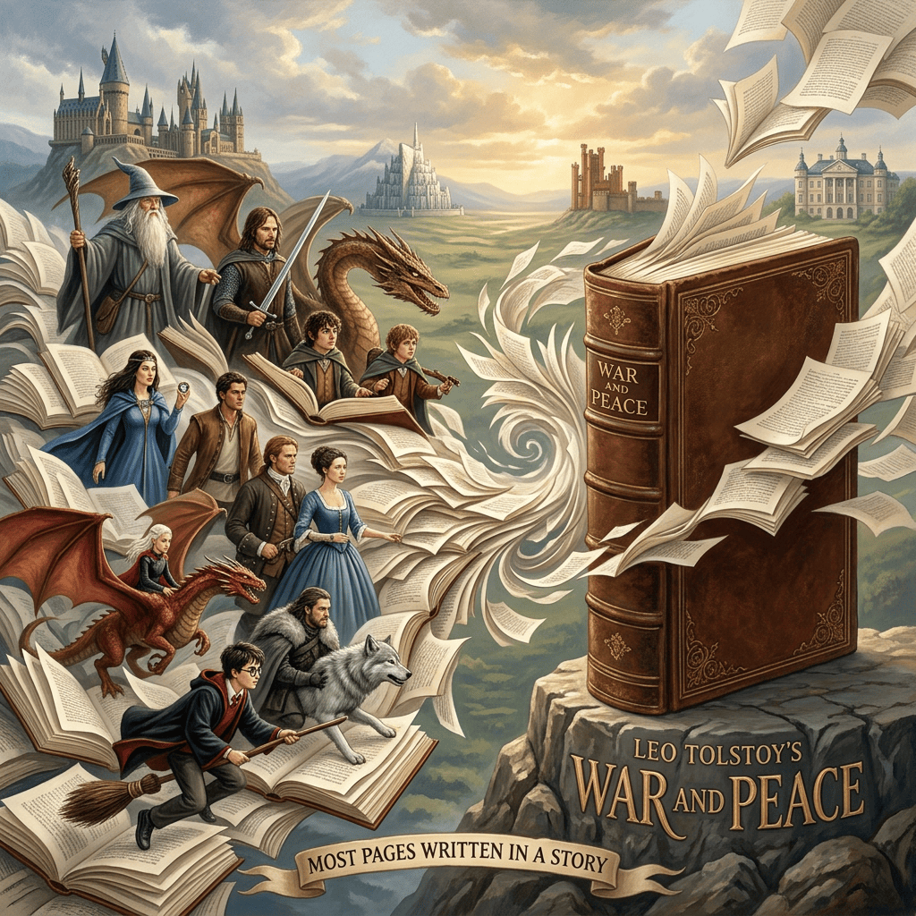 Fantasy scene featuring Leo Tolstoy’s War and Peace, open books, characters, dragons, castles, and text reading “WAR AND PEACE,” “LEO TOLSTOY’S WAR AND PEACE,” and “MOST PAGES WRITTEN IN A STORY.”
