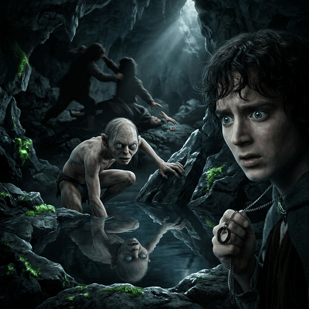 Frodo faces Gollum beside a reflective cave pool