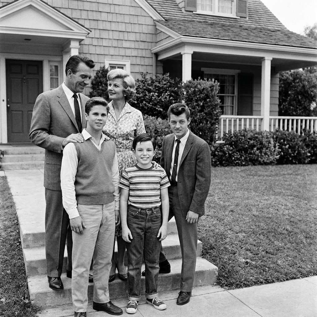 Parents and five boys pose outside a suburban house in vintage clothing