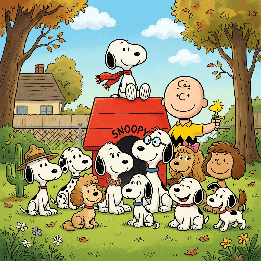 Snoopy and friends gathered around a doghouse labeled SNOOPY