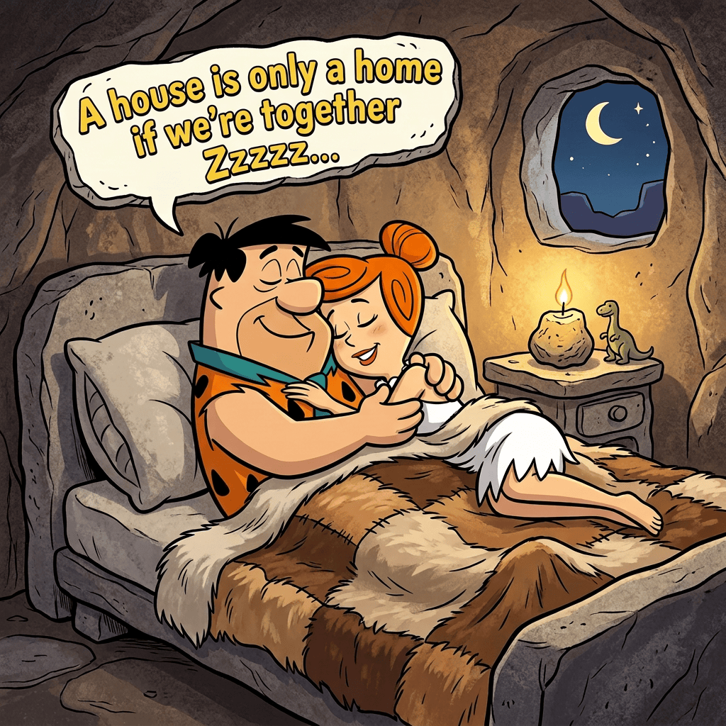 Caveman and woman cuddling in bed under a fur blanket; text reads “Yabba Dabba Doo! Zzzzzz...”