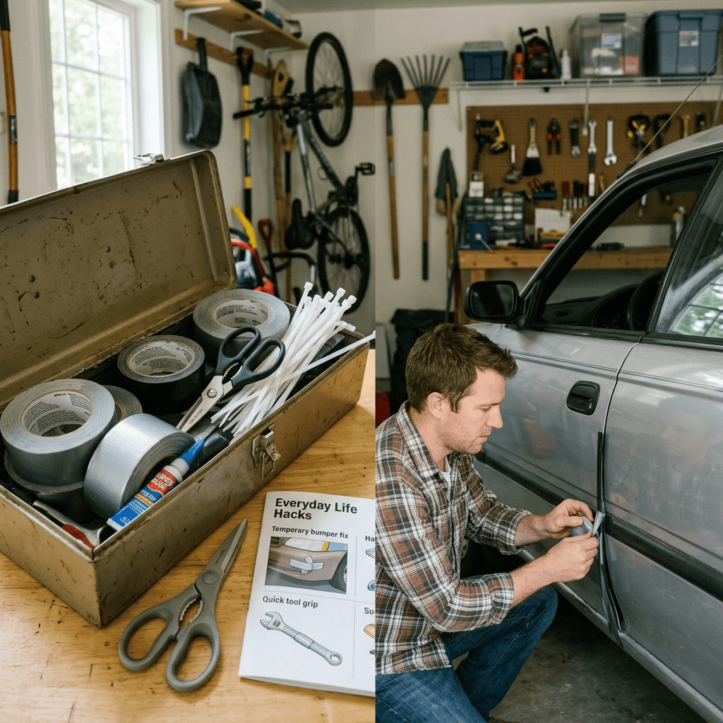 Man repairing a car bumper beside tools, tape, and a DIY repair guide