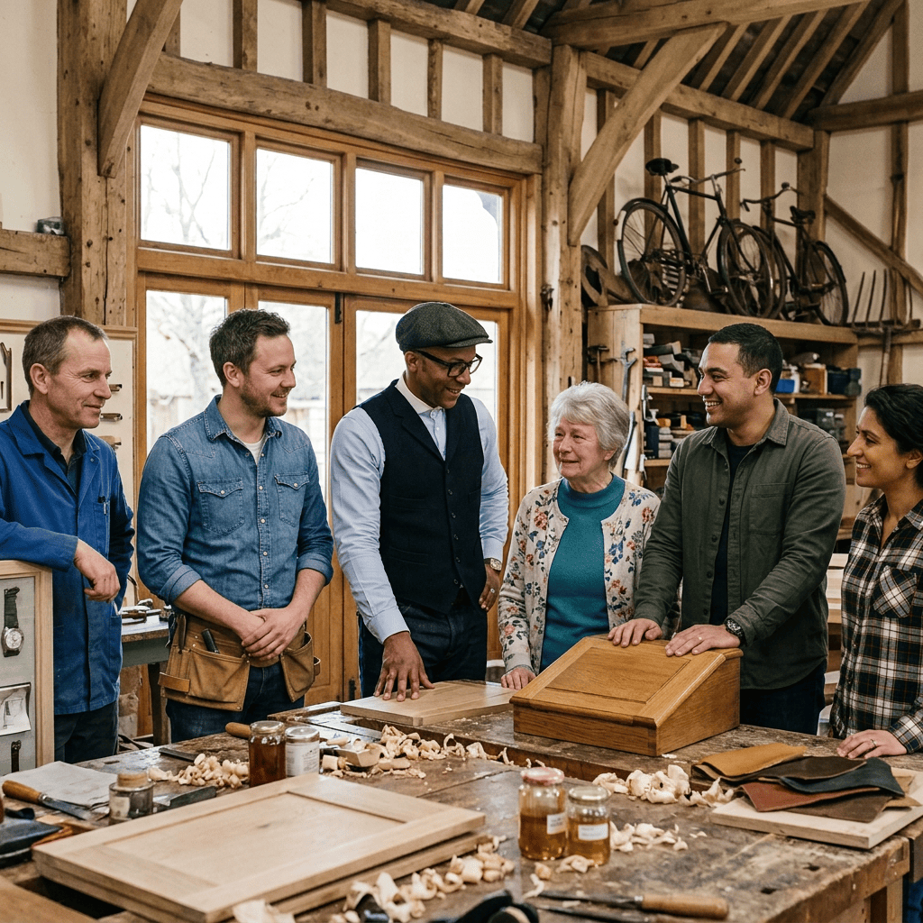 Six people gathered around wooden cutting boards in a workshop