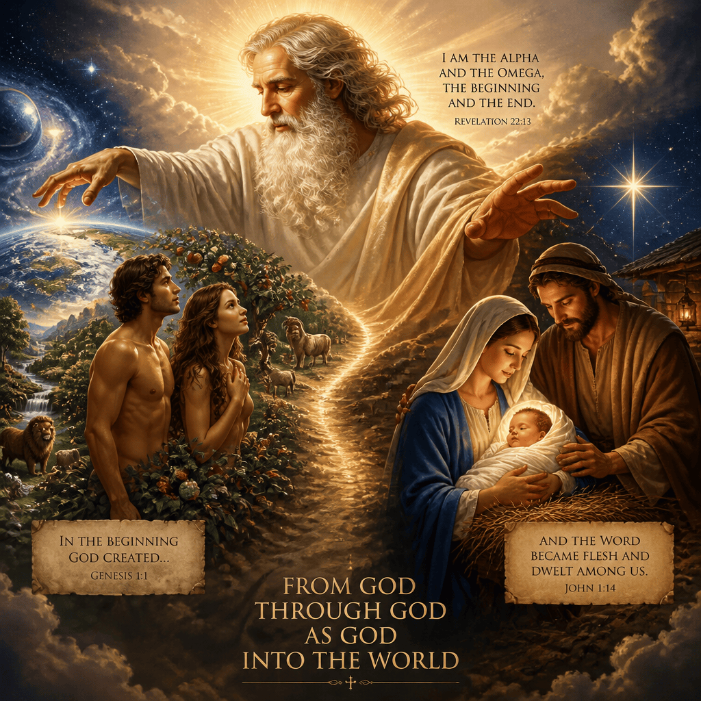 Biblical artwork with text: “I AM THE ALPHA AND THE OMEGA, THE BEGINNING AND THE END. REVELATION 22:13”; “IN THE BEGINNING GOD CREATED... GENESIS 1:1”; “AND THE WORD BECAME FLESH AND DWELT AMONG US. JOHN 1:14”; “FROM GOD THROUGH GOD AS GOD INTO THE WORLD.”