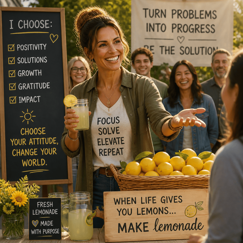 Outdoor lemonade stand with signs reading I CHOOSE: POSITIVITY, SOLUTIONS, GROWTH, GRATITUDE, IMPACT; CHOOSE YOUR ATTITUDE, CHANGE YOUR WORLD; TURN PROBLEMS INTO PROGRESS; BE THE SOLUTION; FOCUS SOLVE ELEVATE REPEAT; and WHEN LIFE GIVES YOU LEMONS... MAKE lemonade.
