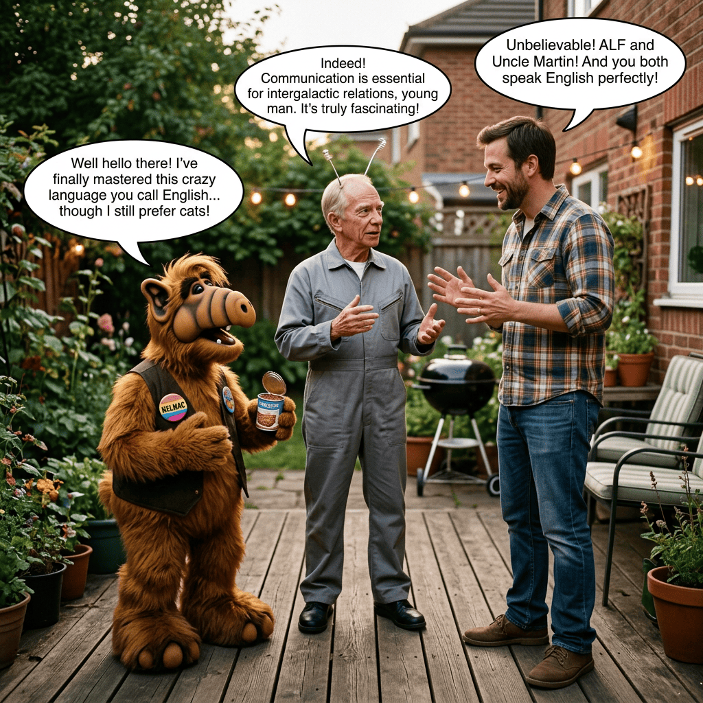 Costumed alien and two men converse; speech bubbles read: “Well hello there! I’ve finally mastered this crazy language you call English... though I still prefer cats!”, “Indeed! Communication is essential for intergalactic relations, young man. It’s truly fascinating!”, and “Unbelievable! ALF and Uncle Martin! And you both speak English perfectly!”