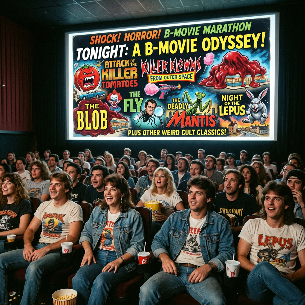 Poster reads: “SHOCK! HORROR! B-MOVIE MARATHON,” “TONIGHT: A B-MOVIE ODYSSEY!,” “ATTACK OF THE KILLER TOMATOES,” “KILLER KLOWNS FROM OUTER SPACE,” “THE BLOB,” “THE FLY,” “THE DEADLY MANTIS,” “NIGHT OF THE LEPUS,” and “PLUS OTHER WEIRD CULT CLASSICS!”