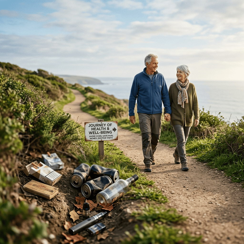 Older couple walking coastal path beside sign reading “JOURNEY OF HEALTH AND WELL-BEING; AVOID VICES, MONEY, DOCTOR VISITS,” with discarded bottles and vaping items.
