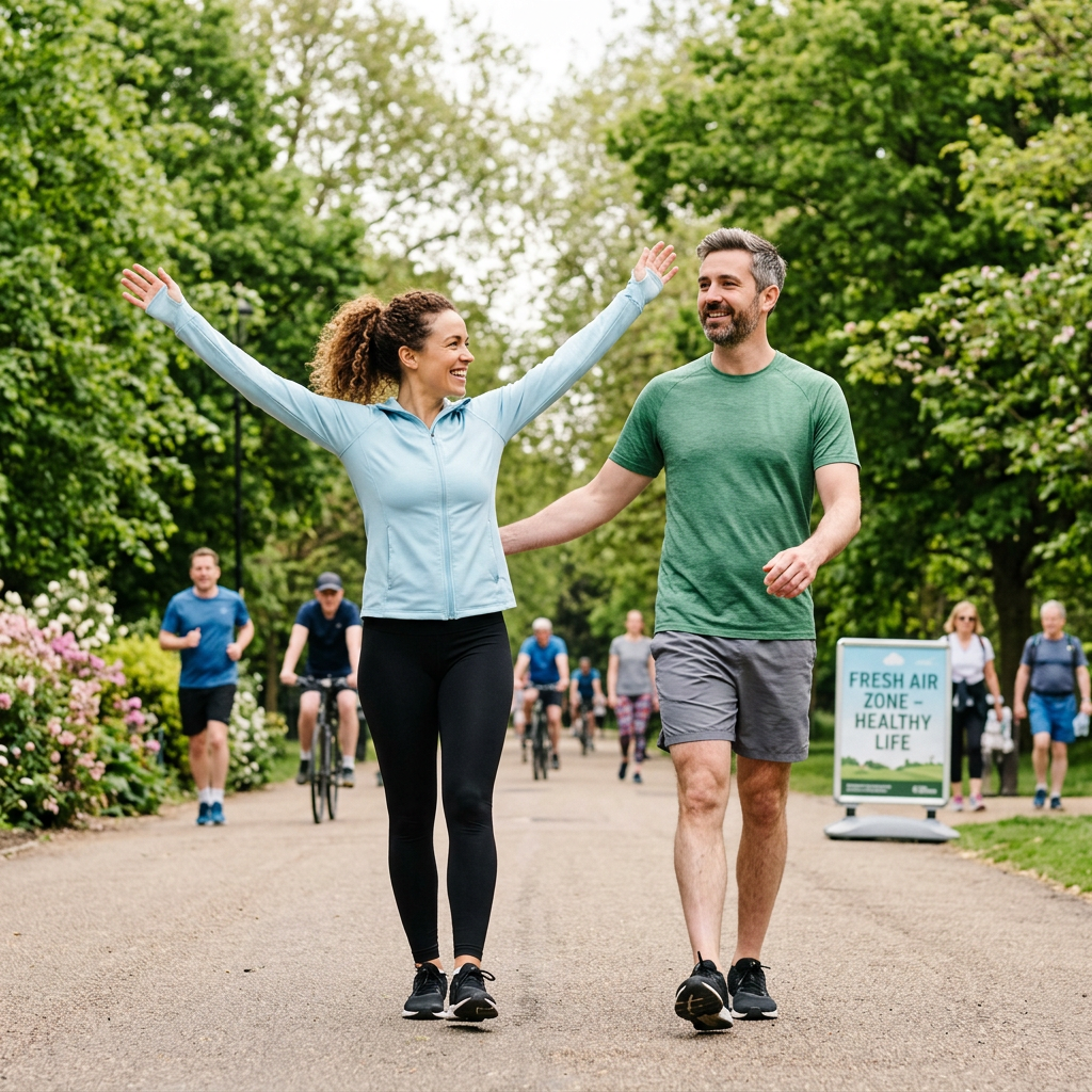 Two adults walking in a park beside runners and cyclists