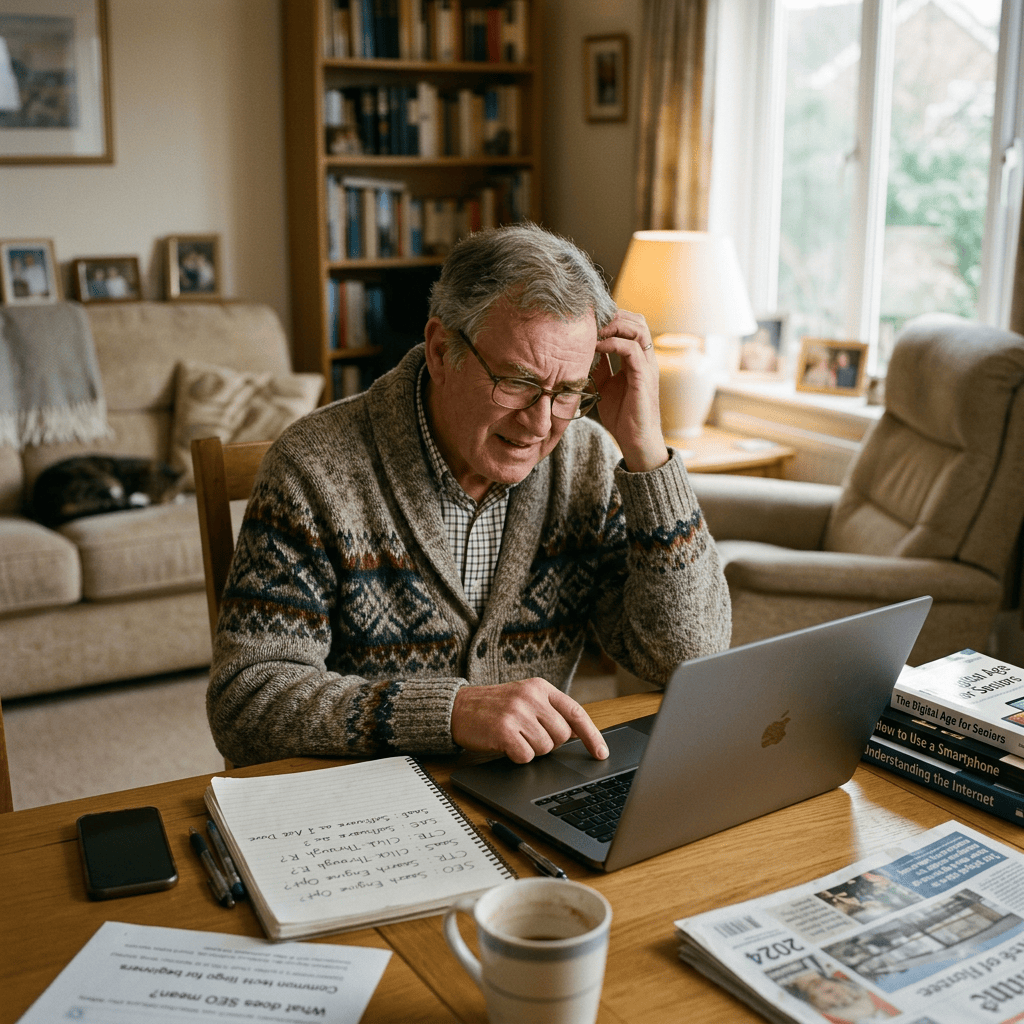 Senior man using a laptop at a table surrounded by learning materials