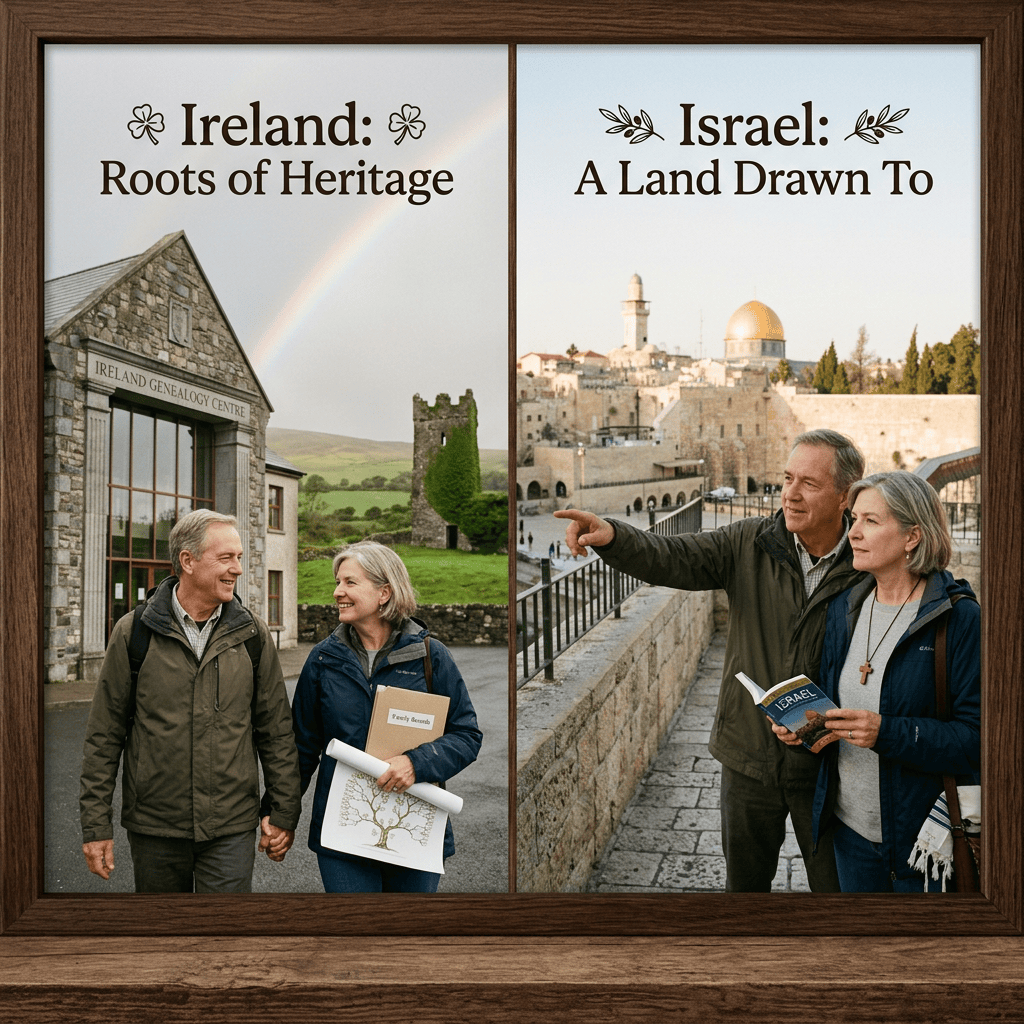 Split panel reading "Ireland: Roots of Heritage" and "Israel: A Land Drawn To," showing a couple at Ireland Genealogy Centre and Jerusalem landmarks.