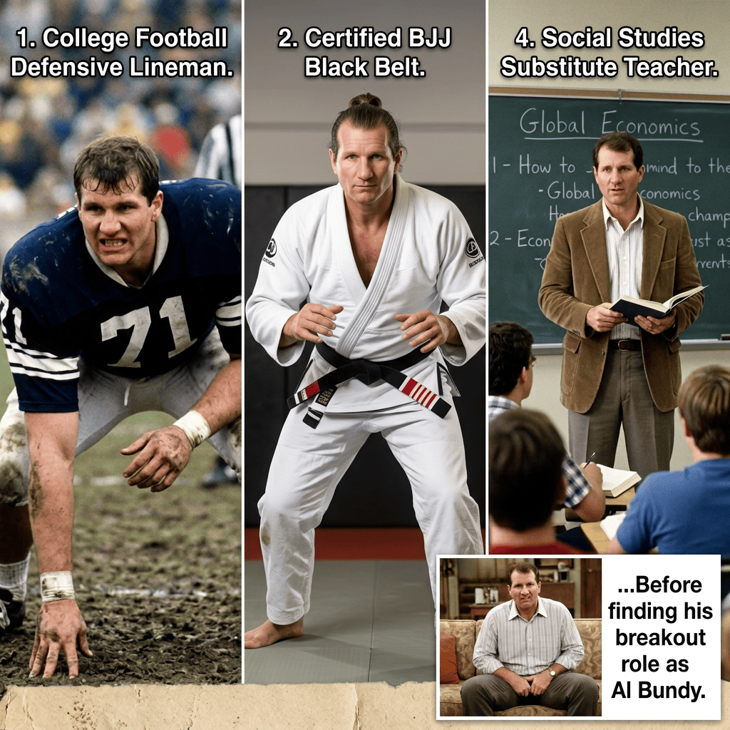 Collage labeled “1. College Football Defensive Lineman,” “2. Steel Worker / Boilermaker,” and “3. Social Studies Substitute Teacher,” with text reading “Before finding his breakout role as Al Bundy.”