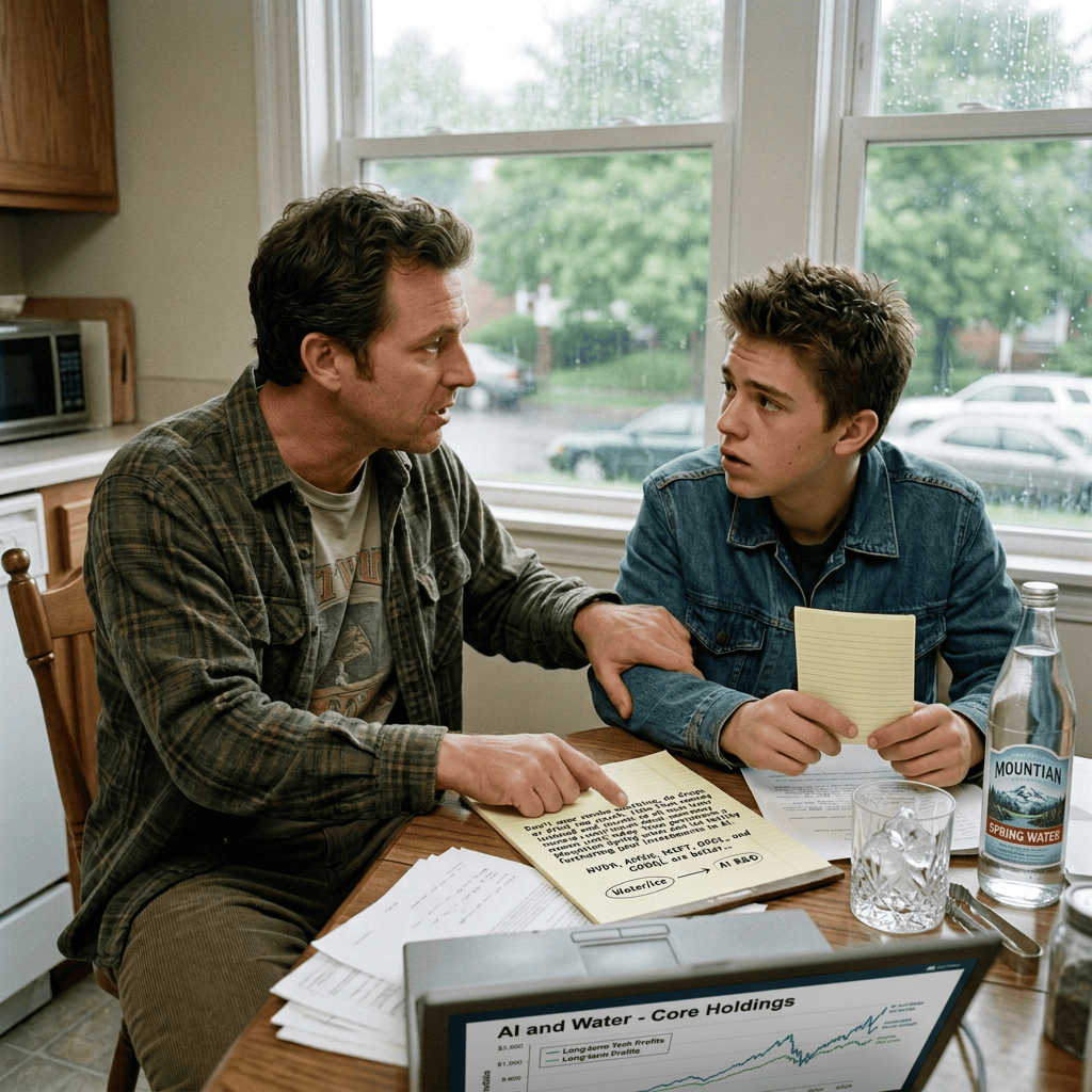 Parent and teenager reviewing paperwork together at a kitchen table