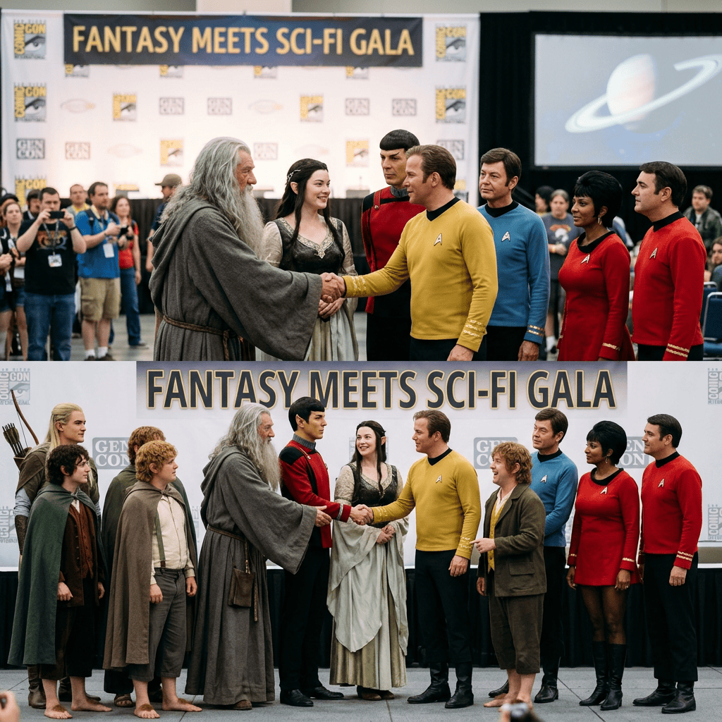 Fantasy Meets Sci-Fi Gala banner with fantasy and science-fiction characters greeting one another