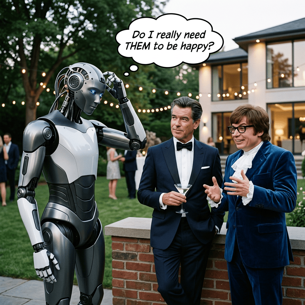 Robot gestures beneath speech bubble reading “Do I really need THEM to be happy?” beside two formally dressed men at a garden party