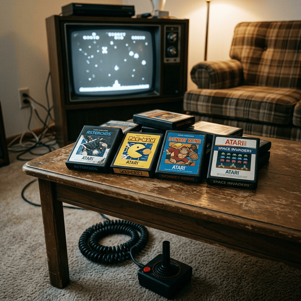 Atari cartridges, joystick, and vintage television in a living room
