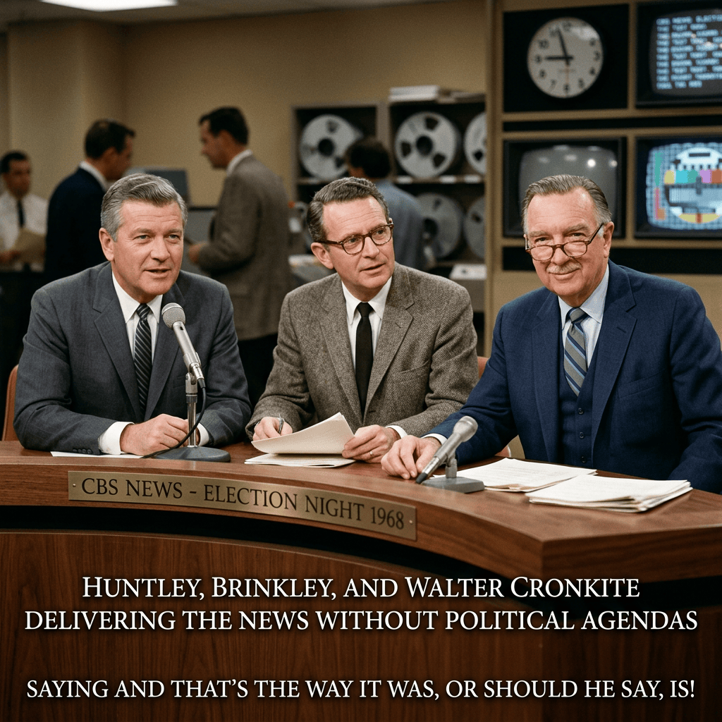 Three anchors at a CBS News election desk labeled “CBS NEWS - ELECTION NIGHT 1968,” with text “HUNTLEY, BRINKLEY, AND WALTER CRONKITE DELIVERING THE NEWS WITHOUT POLITICAL AGENDAS” and “SAYING AND THAT’S THE WAY IT WAS, OR SHOULD HE SAY, IS!”