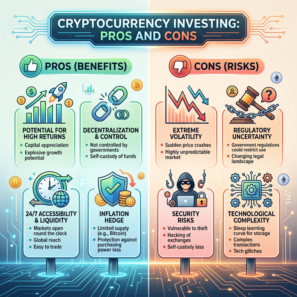 Infographic titled Cryptocurrency Investing: Pros and Cons, comparing benefits and risks