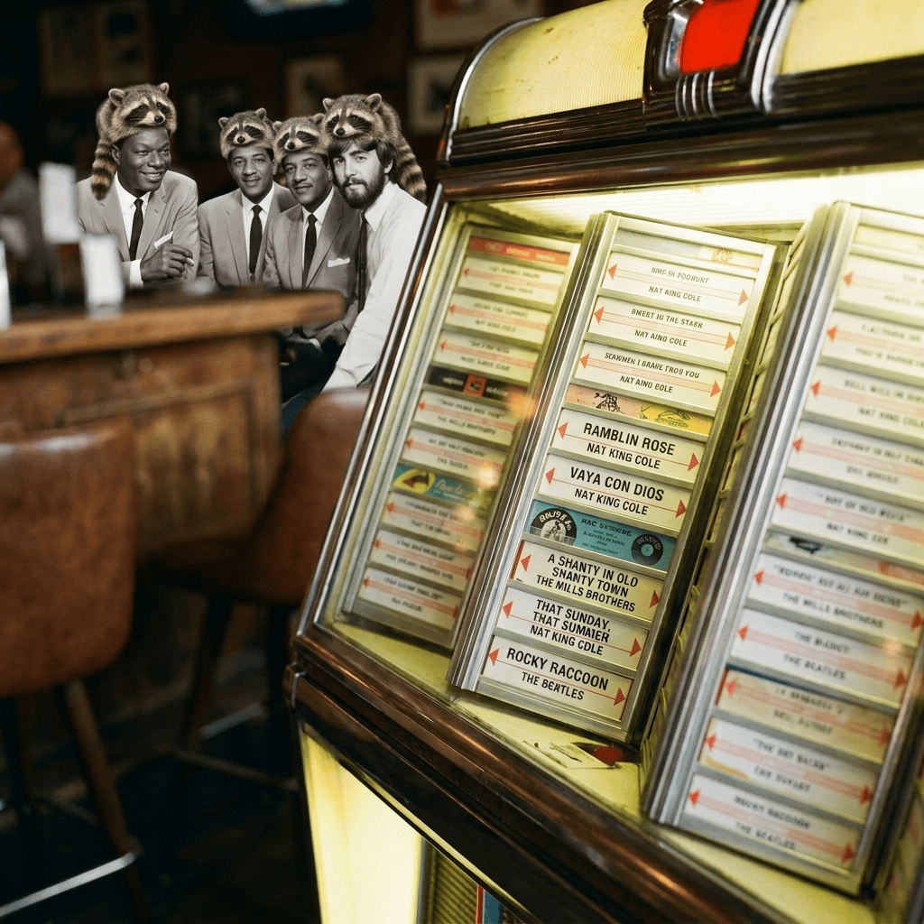 Vintage jukebox displaying song selections beside patrons at a bar