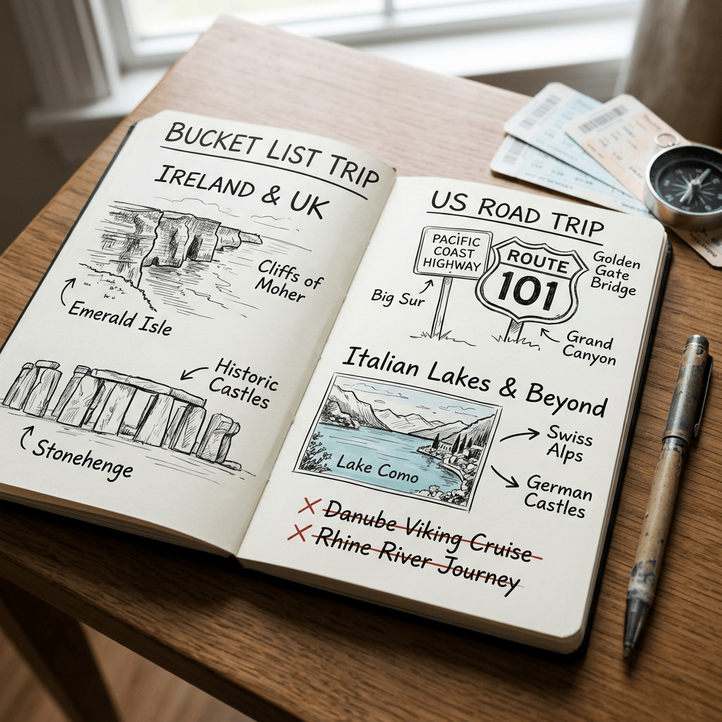 Open notebook reading “BUCKET LIST TRIP,” “IRELAND & UK,” “US ROAD TRIP,” “Italian Lakes & Beyond,” and crossed-out “Danube Viking Cruise” and “Rhine River Journey,” with travel tickets and a compass nearby.