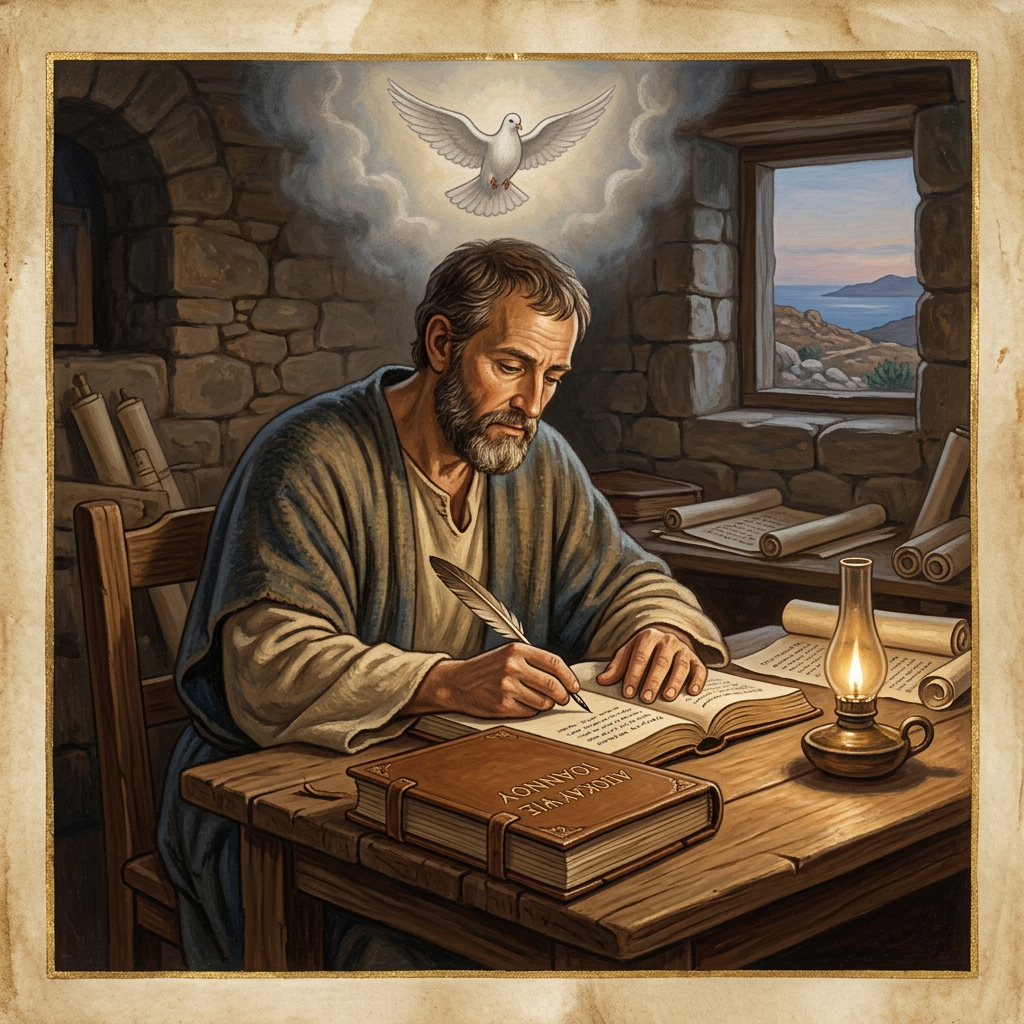 Bearded scribe writing with a quill beside a lamp, beneath a dove